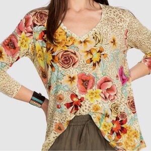 Johnny Was Hera Swing Tee Top Boho Long Sleeve V Neck Floral Soft Bamboo